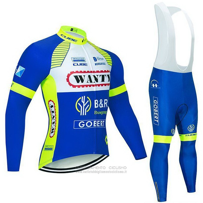 2021 Abbigliamento Ciclismo Wanty-Gobert Cycling Team Blu Bianco Giallo Manica Lunga e Salopette